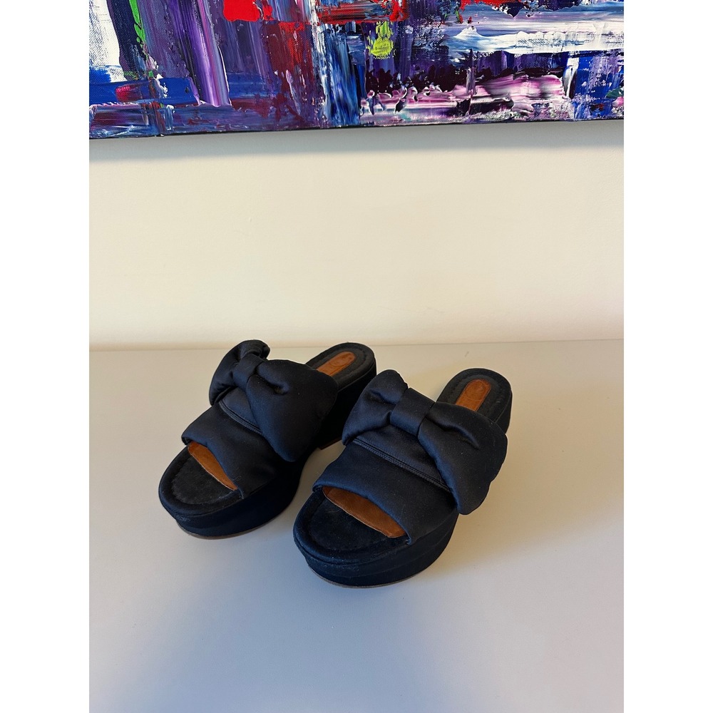 Chie Mihara Black Satin Bow Platform Slides | Size 36